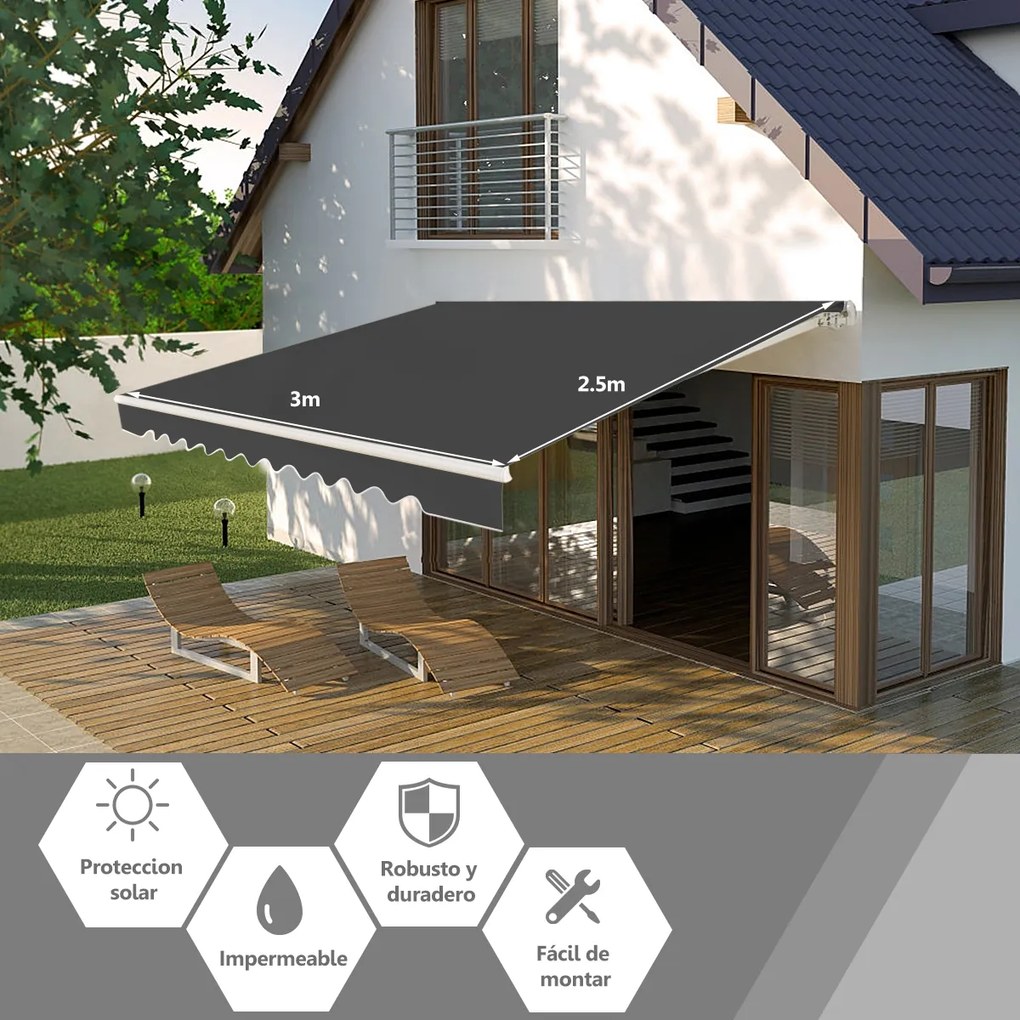 Toldo retrátil 3 x 2,5 m em alumínio com manivela e poliéster impermeável para exterior Cinzento