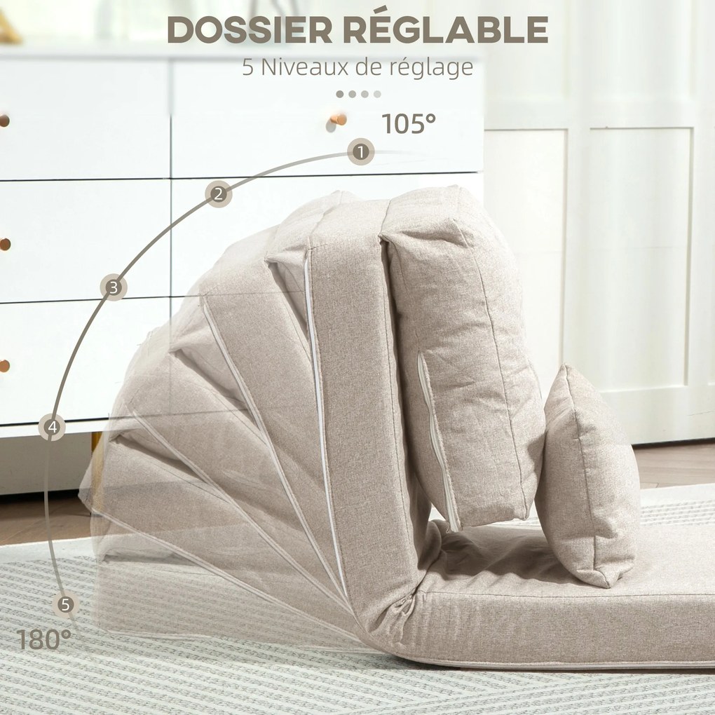 Poltrona-sofá-cama convertível de 1 lugar com 1 almofada e encosto ajustável, bege
