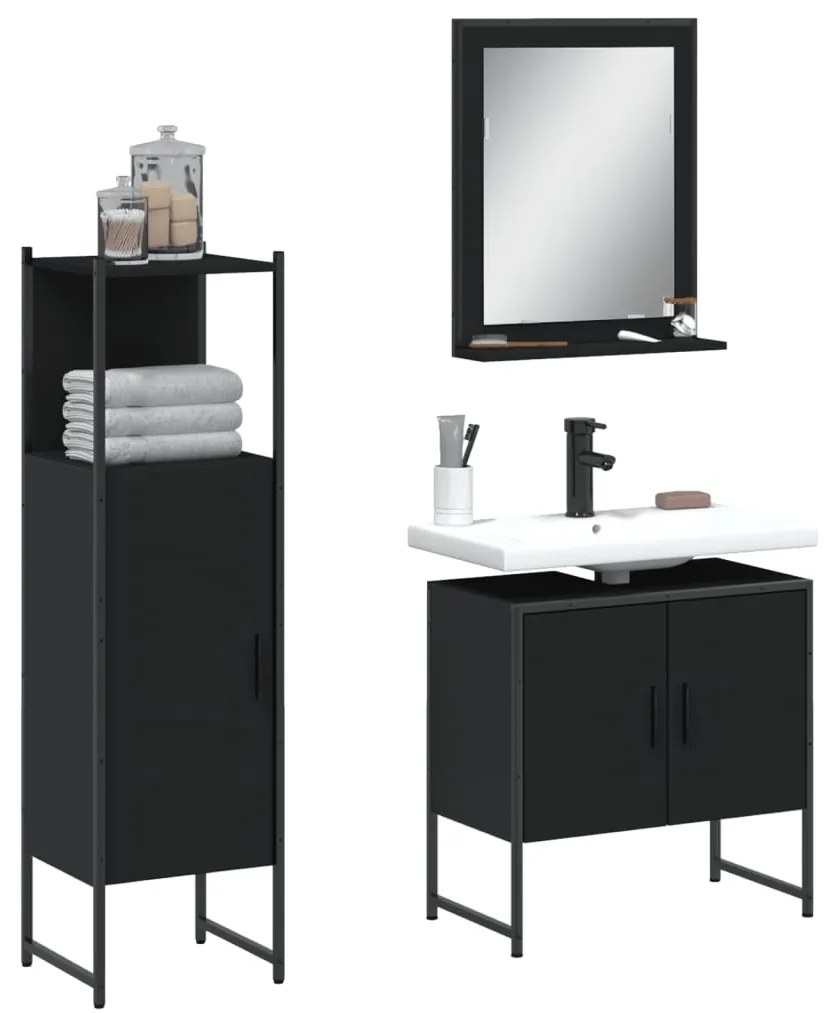 3 pcs conjunto móveis casa de banho derivados de madeira preto