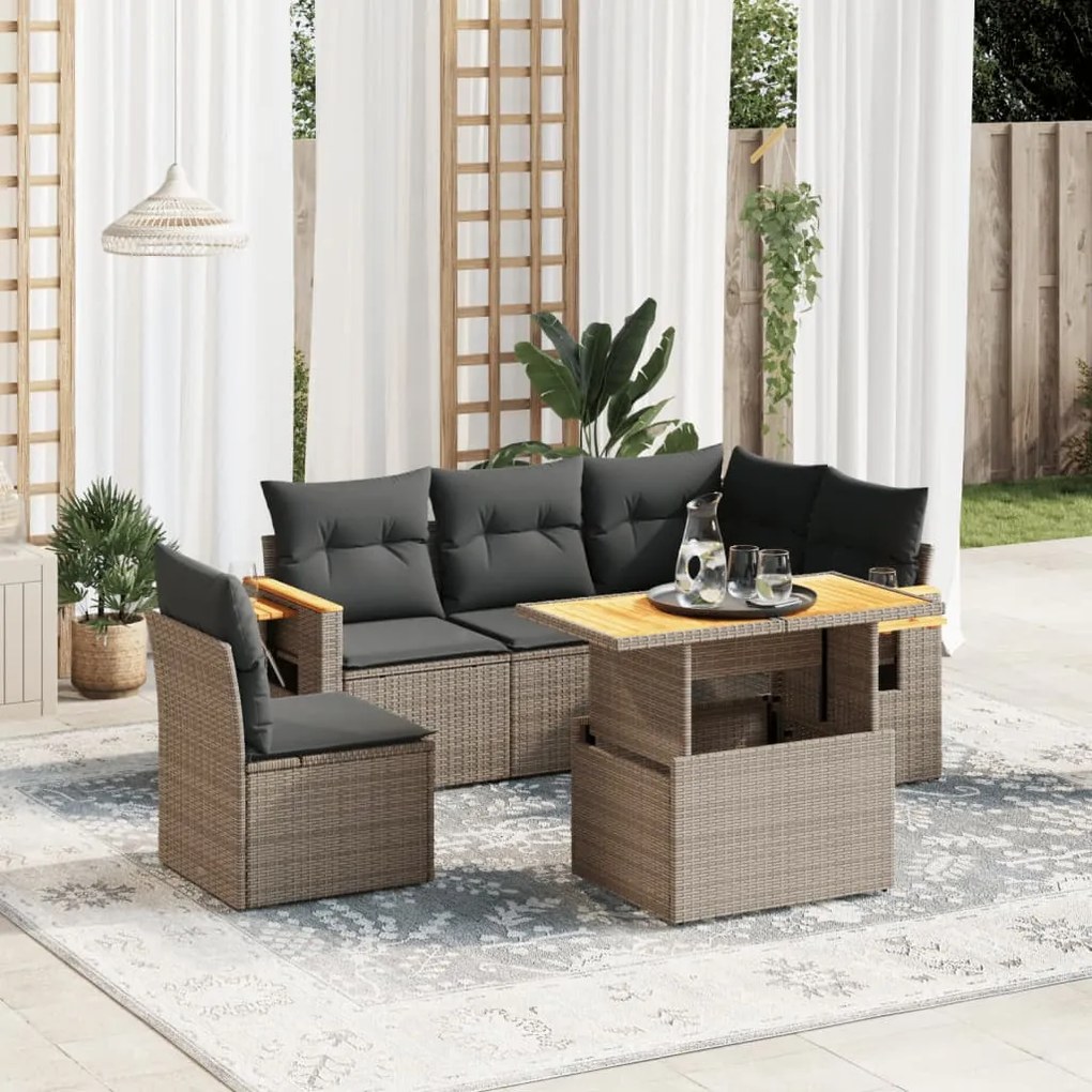 6 pcs conjunto sofás de jardim com almofadões vime cinzento