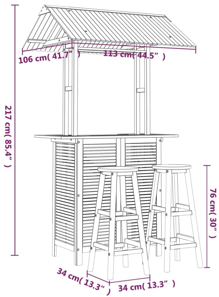 3 pcs conjunto de bar para jardim madeira de acácia maciça