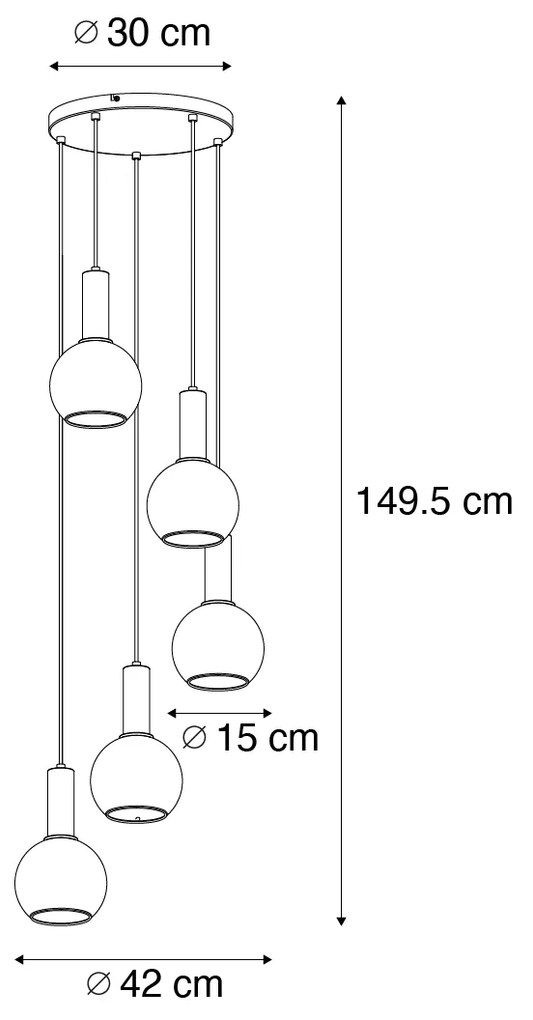 Candeeiro de suspensão Art Déco preto com vidro fumê redondo 5 luzes - Josje Art Deco