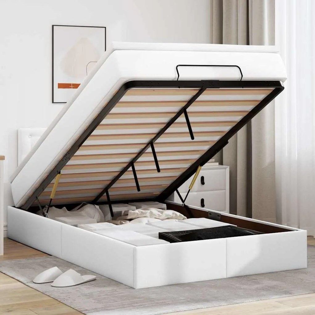 vidaXL Estrutura de cama otomana com colchão branco couro falso