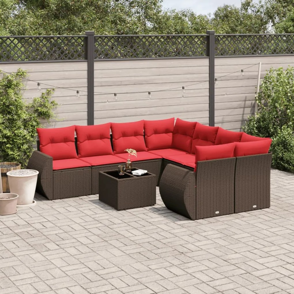 vidaXL 9 pcs conjunto sofás p/ jardim c/ almofadões vime PE castanho