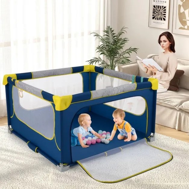 Parque infantil para bebés 127 x 127 x 72,5 cm com 50 bolas oceânicas e 4 pegas. Parque com porta com fecho de correr para 0-3 anos Azul.
