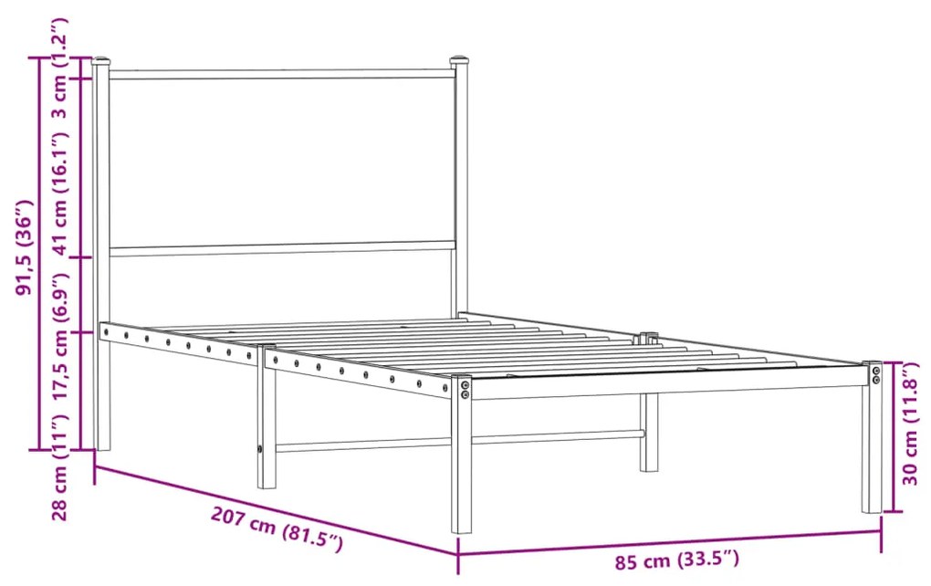 Estrutura cama com cabeceira 80x200 cm metal carvalho castanho