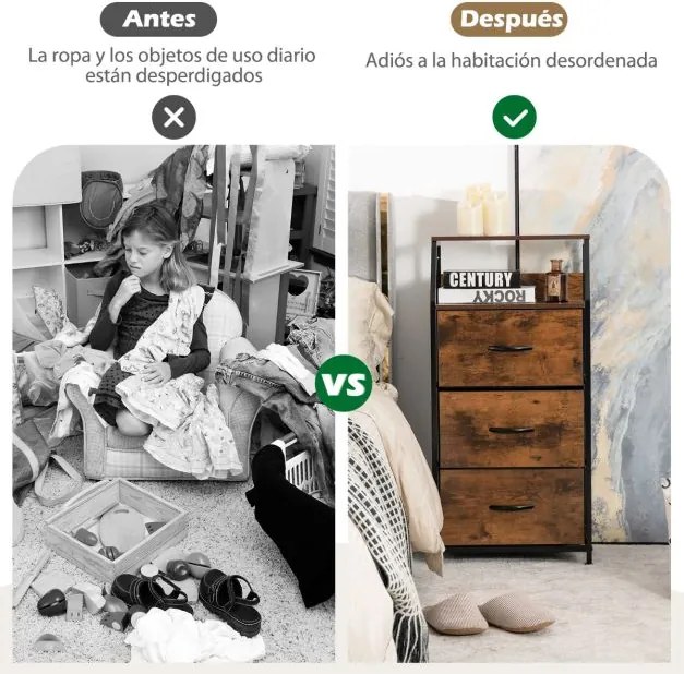 Armário arrumação de 3 gavetas com estrutura de aço para quarto, sala de estar, escritório 45 x 29,5 x 92 cm Castanho