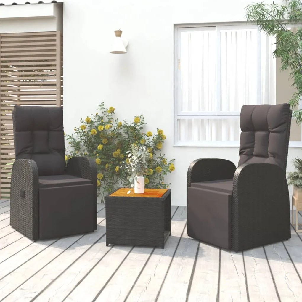 vidaXL 3 pcs conjunto lounge para jardim vime PE/acácia maciça preto