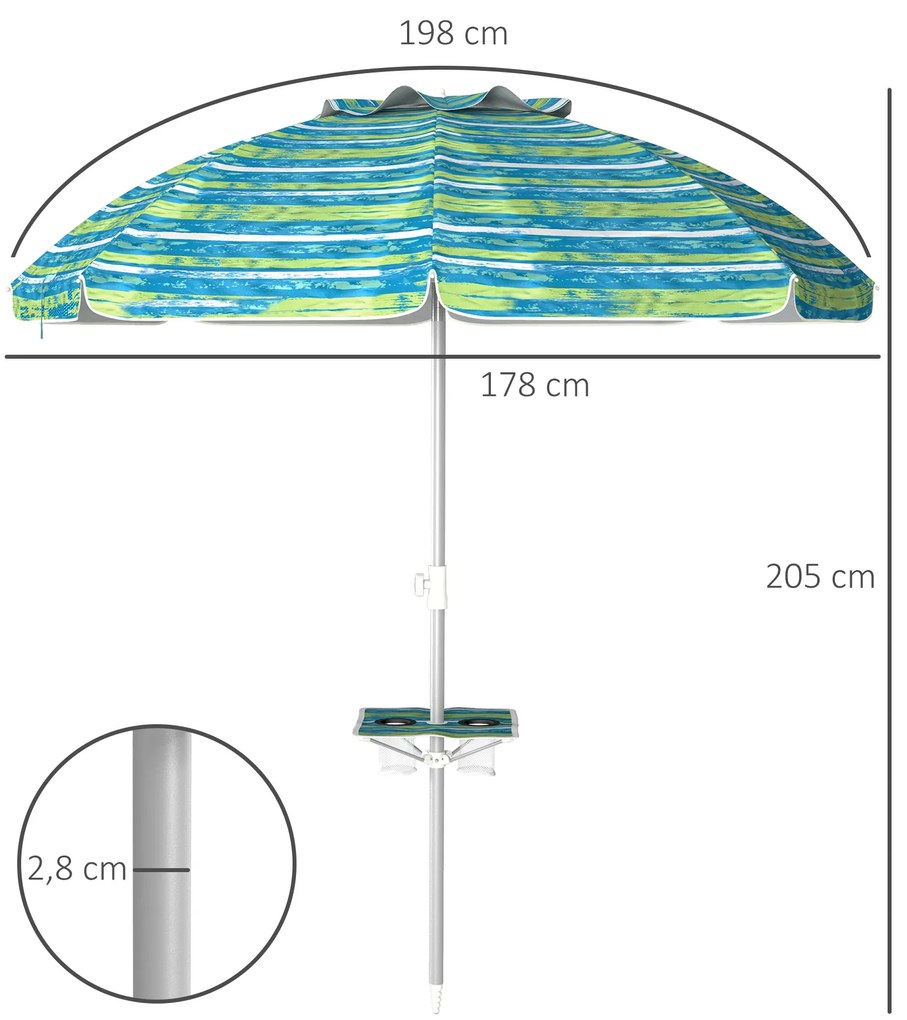 Chapéu de Sol de Praia Ø190x215 cm com Inclinação de 45° e Altura Ajustável Mesa com Porta-Copos Impermeável Multicolor