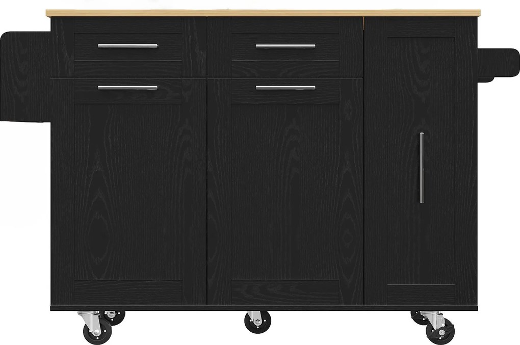 Ilha de cozinha com tampo de mesa abatível, carrinho de serviço com prateleiras para petiscos e armários extensíveis, 134,5x46/74x90,5 cm, Preto