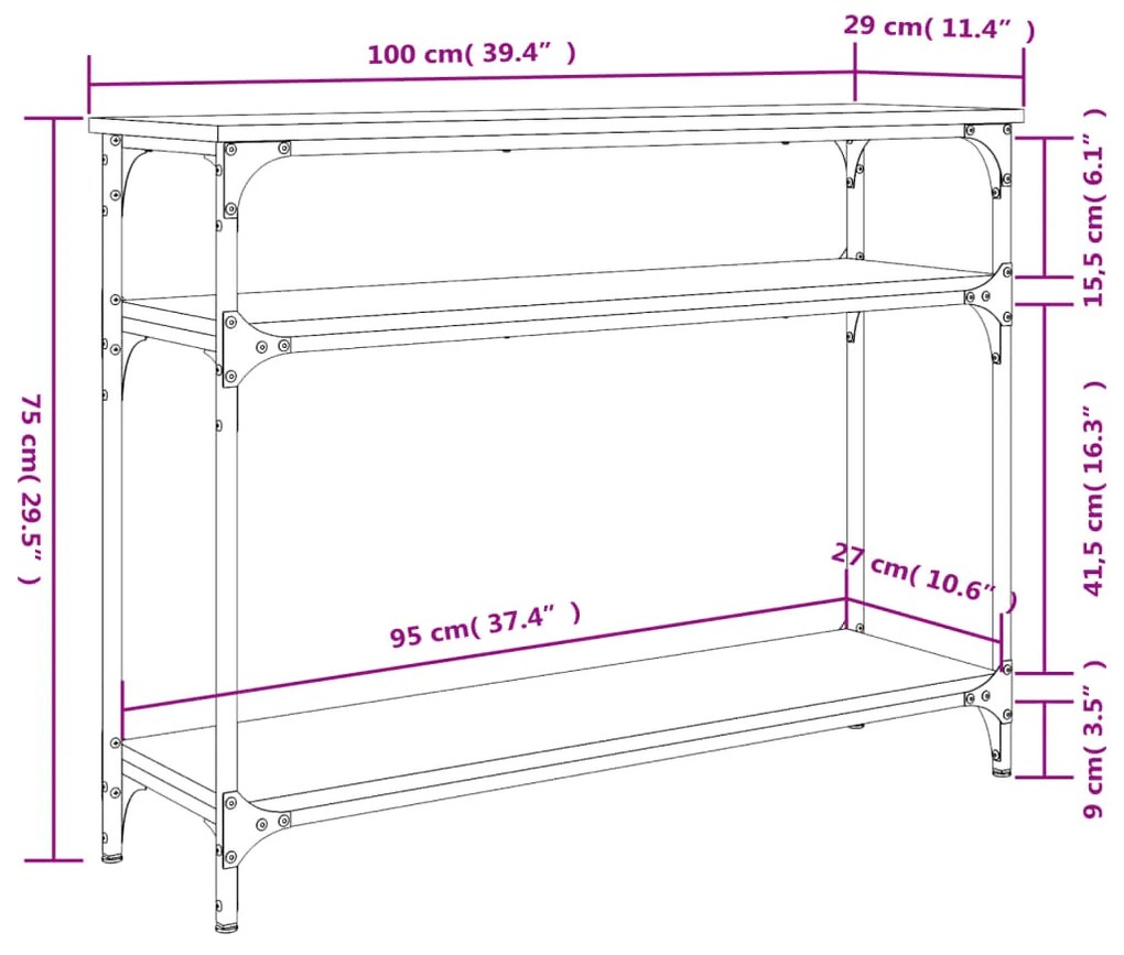 Mesa consola 100x29x75 cm derivados de madeira cinzento sonoma