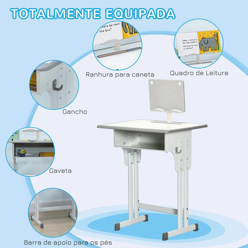 HOMCOM Conjunto de Secretária e Cadeira para Crianças de 6-12 Anos Secretária Infantil com Altura Ajustável 1 Gaveta 1 Suporte para Lápis e 1 Prateleira para Livros 60x45x90-120 cm Cinza