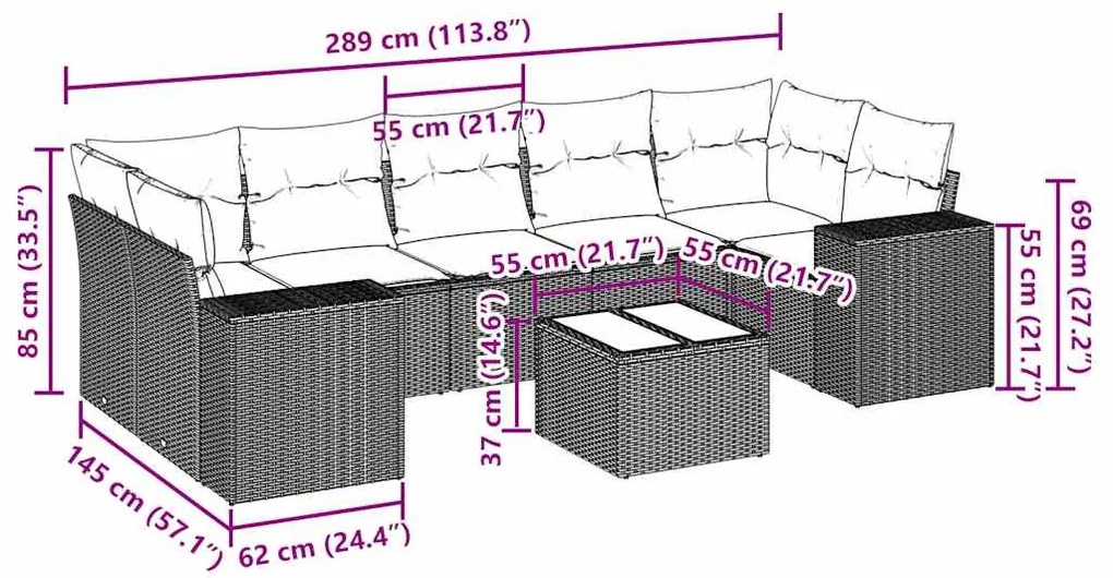 8 pcs conj. sofás jardim c/ almofadões vime PE cinzento-claro