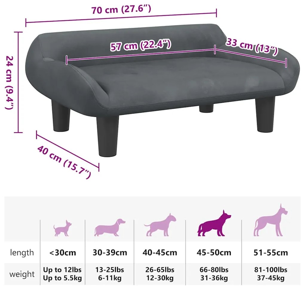 Cama para cães 70x40x24 cm veludo cinzento-escuro