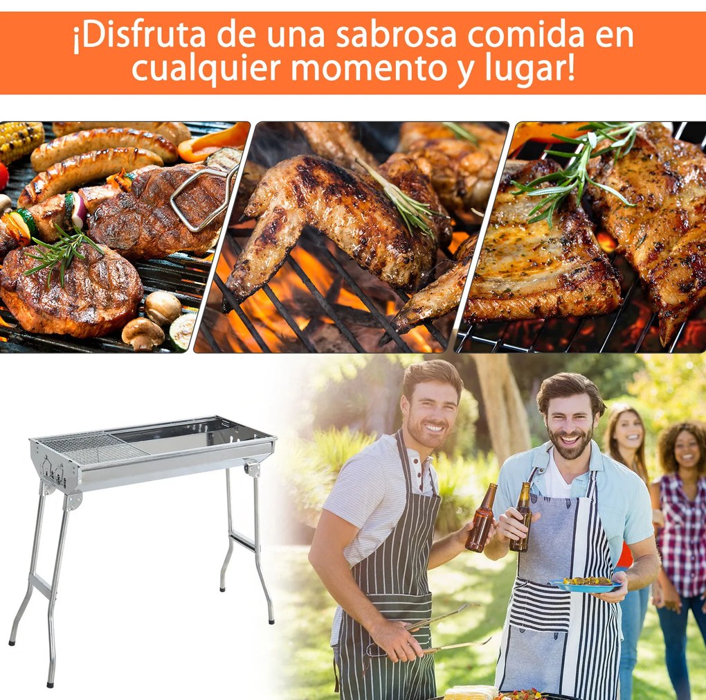 Outsunny Barbecue Portátil e Dobrável de Aço Inoxidável com Grelha Barbecue a Carvão com Ventilação para Jardim Picnic Camping 73x33x71 cm Prata
