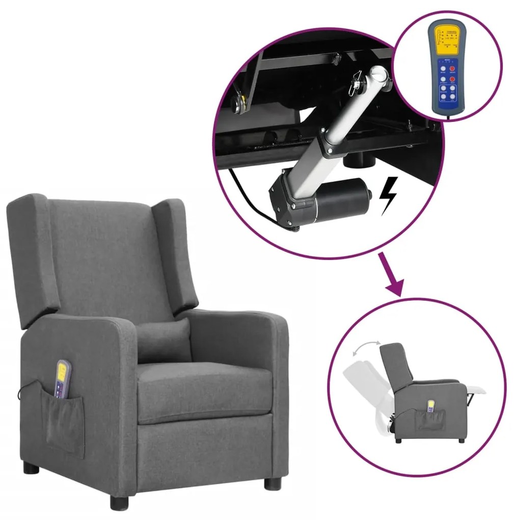 vidaXL Poltrona elevatória de massagens tecido cinzento-claro
