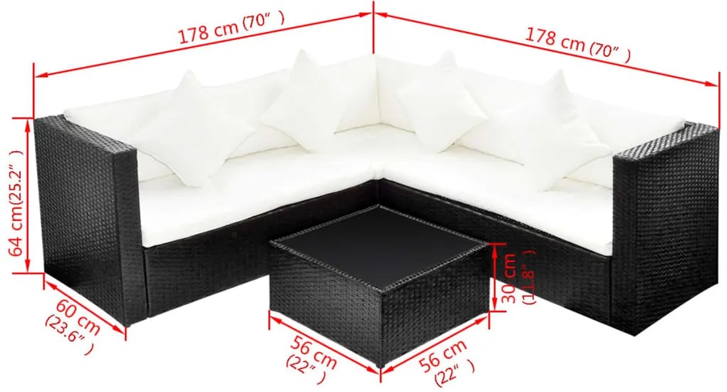 4 pcs conjunto lounge de jardim c/ almofadões vime PE preto