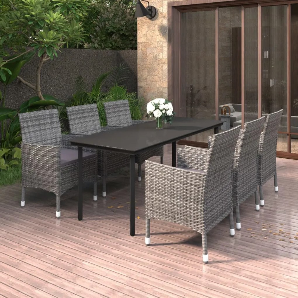 vidaXL 7 pcs conjunto de jantar p/ jardim c/ almofadões vime PE/vidro