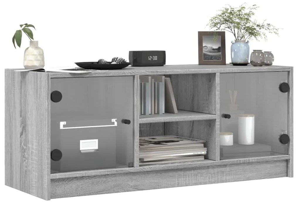 Móvel de TV c/ portas de vidro 102x37x42 cm cinza sonoma