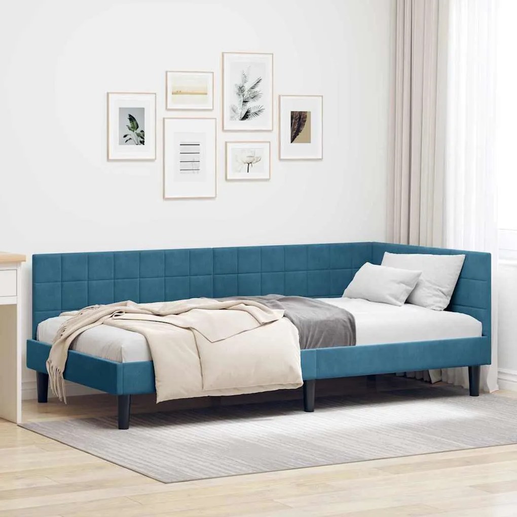 vidaXL Estrutura de Cama de Canto Azul 90 cm x 200 cm Veludo
