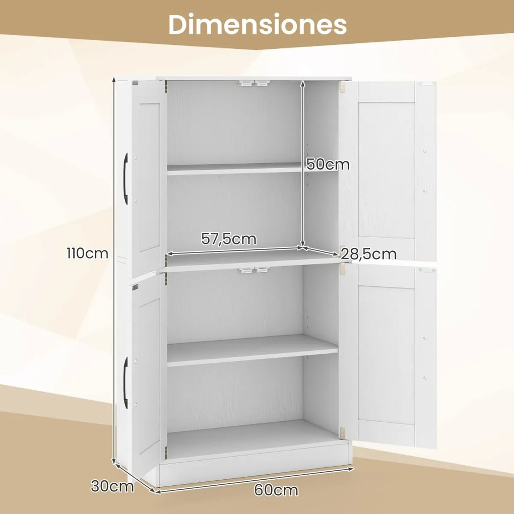Armário de arrumação 60 x 30 x 110 cm, Despensa de cozinha, casa de banho, sala estar com portas e prateleiras ajustáveis Branco