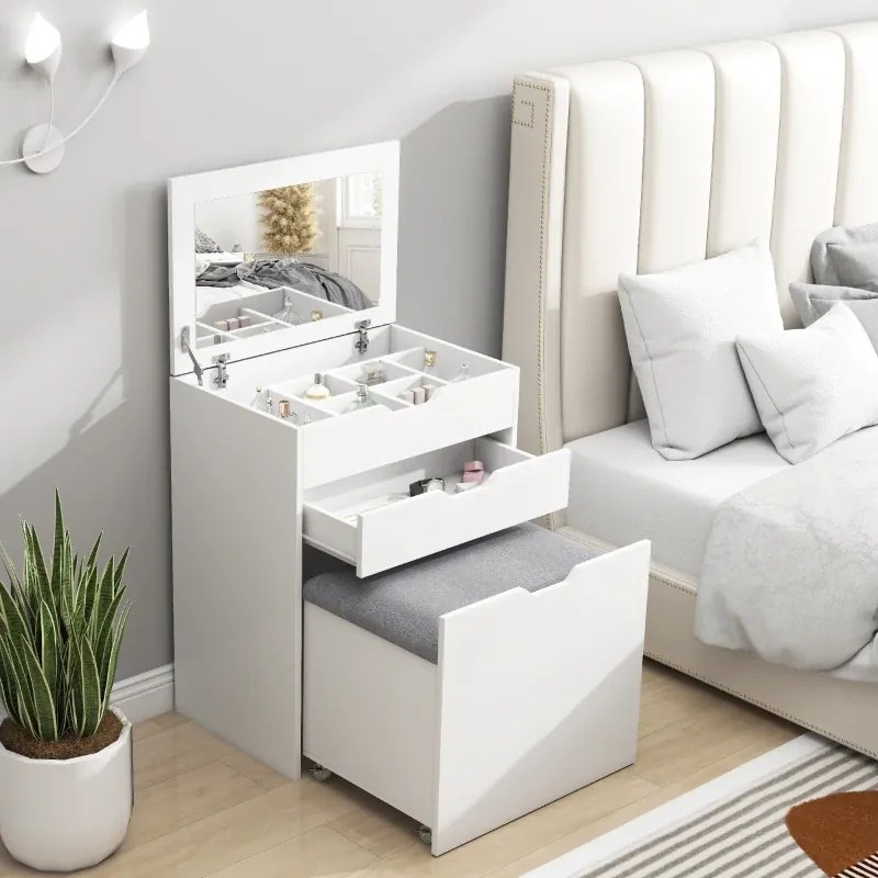 Toucador com Banco Oculto e Espelho Rebatível Mesa de Maquilhagem com Gaveta e 7 Compartimentos Banco Acolchoado Branco