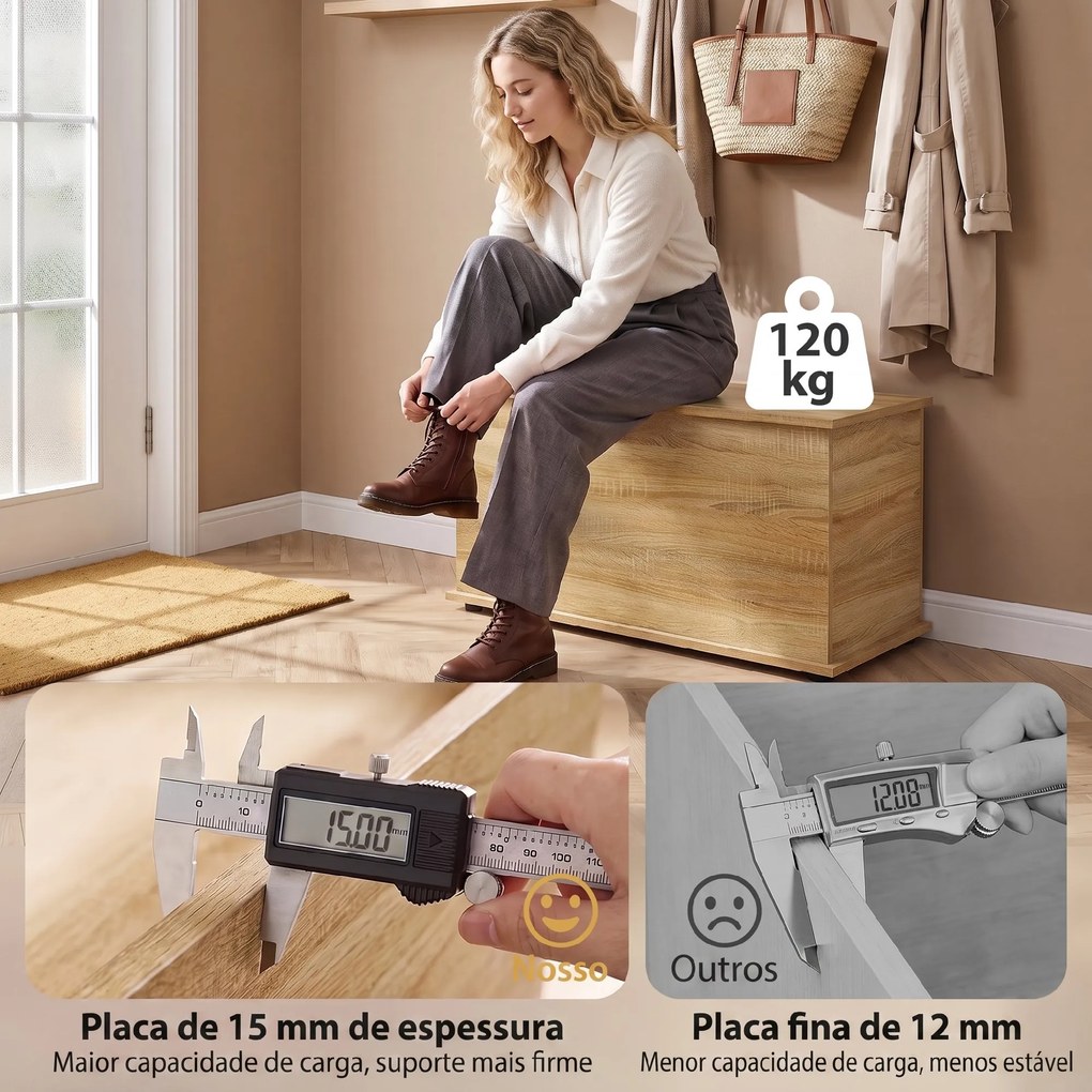 Baú de Arrumação 102 L com Dobradiça de Segurança Estilo Moderno para Corredor Quarto e Sala de Estar 80x40x45 cm Carvalho
