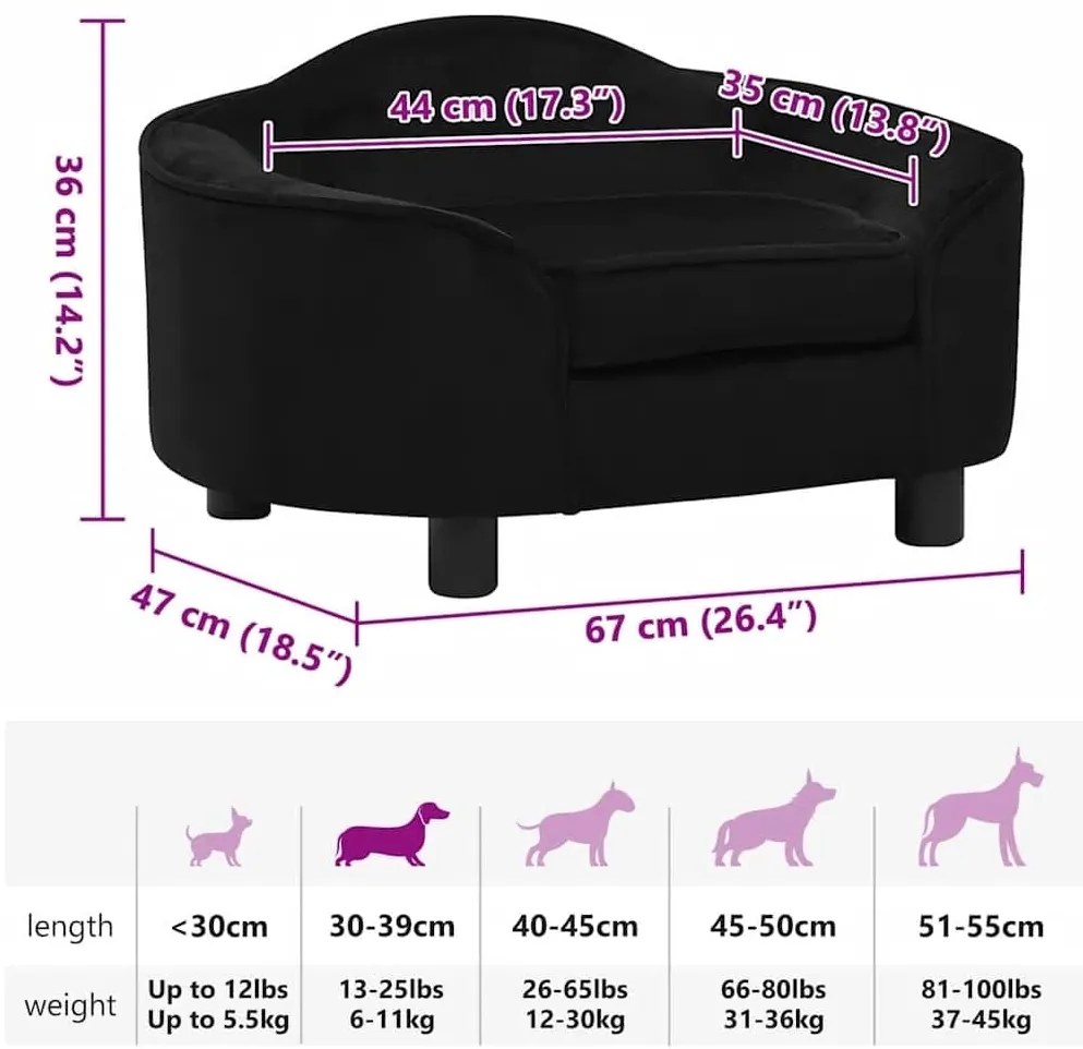 Sofá para cães 67x47x36 cm pelúcia preto