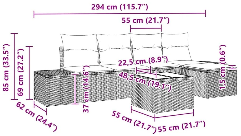 Conjunto de Sofá de Jardim com 5 Peças e Almofadas Cinza em Rattan Sin