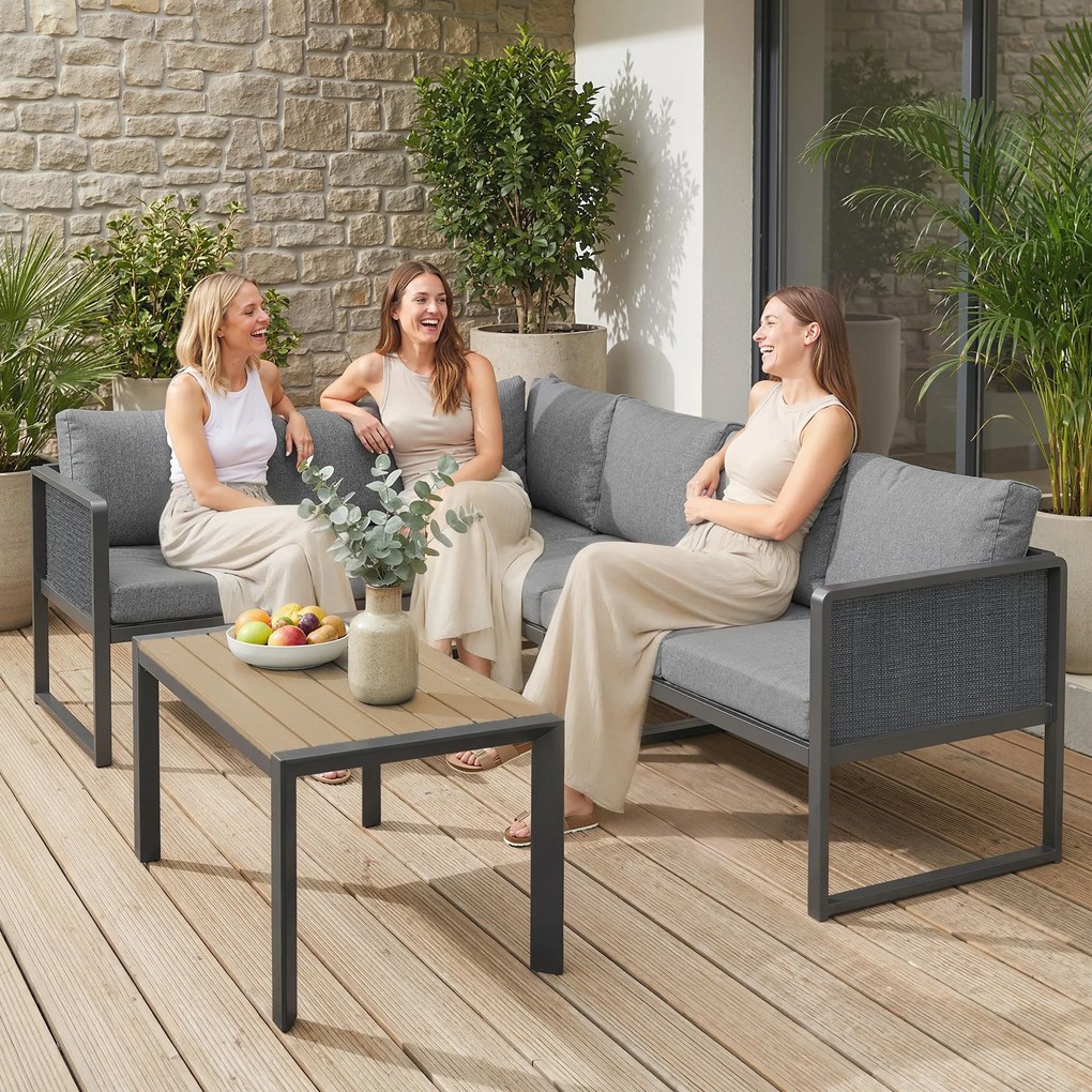 Conjunto de jardim modular de canto para 6 pessoas, sofás, mesa de centro e almofadas, cinzento escuro