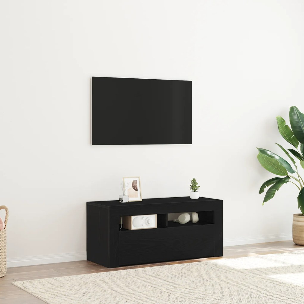 Gabinete de TV vidaXL com LED Preto Carvalho 90x35x40 cm Madeira engenheirada