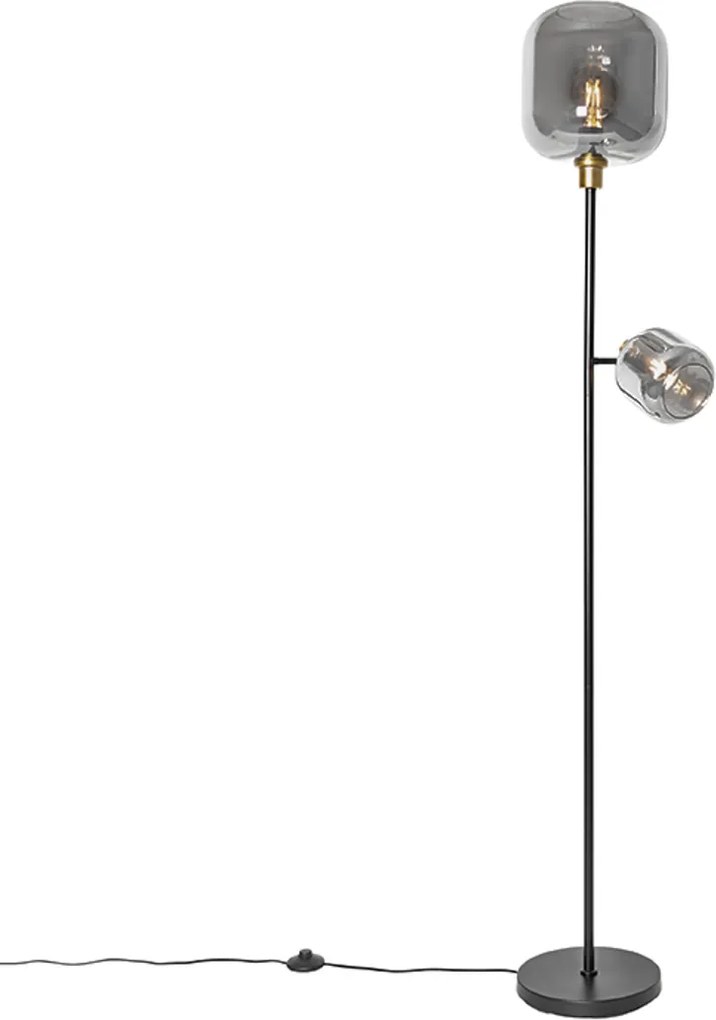 Candeeiro de pé preto com dourado e vidro fumê 2 luzes - Zuzanna