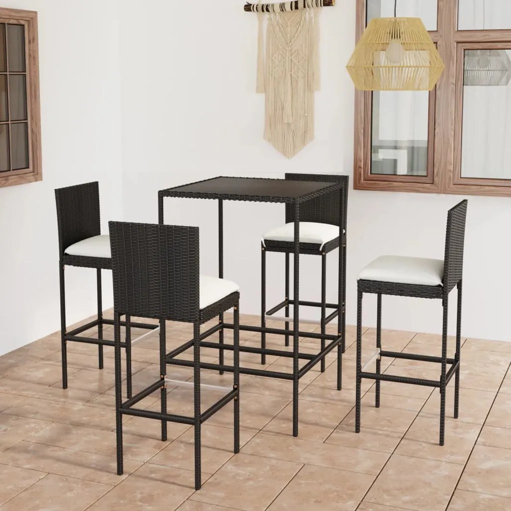 vidaXL 5 pcs conjunto de bar p/ jardim c/ almofadões vime PE preto