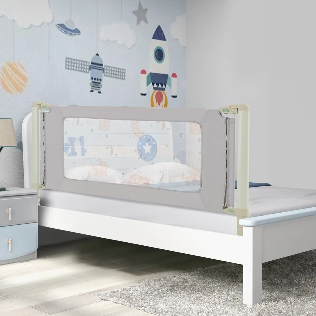 Barra segurança para cama infantil de 180 cm com elevação vertical de altura ajustável e trava de segurança dupla com impressão de folhas cinza