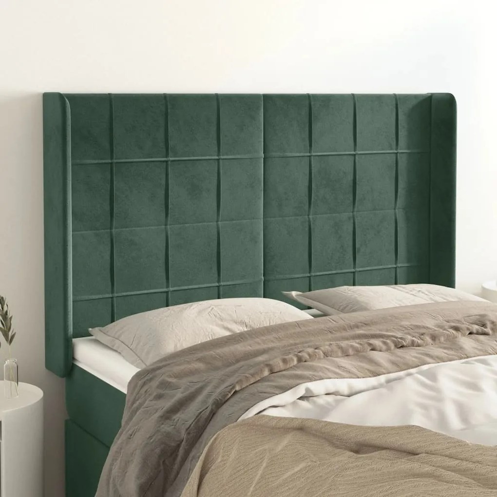 vidaXL Cabeceira cama c/ abas veludo 147x16x118/128 cm verde-escuro