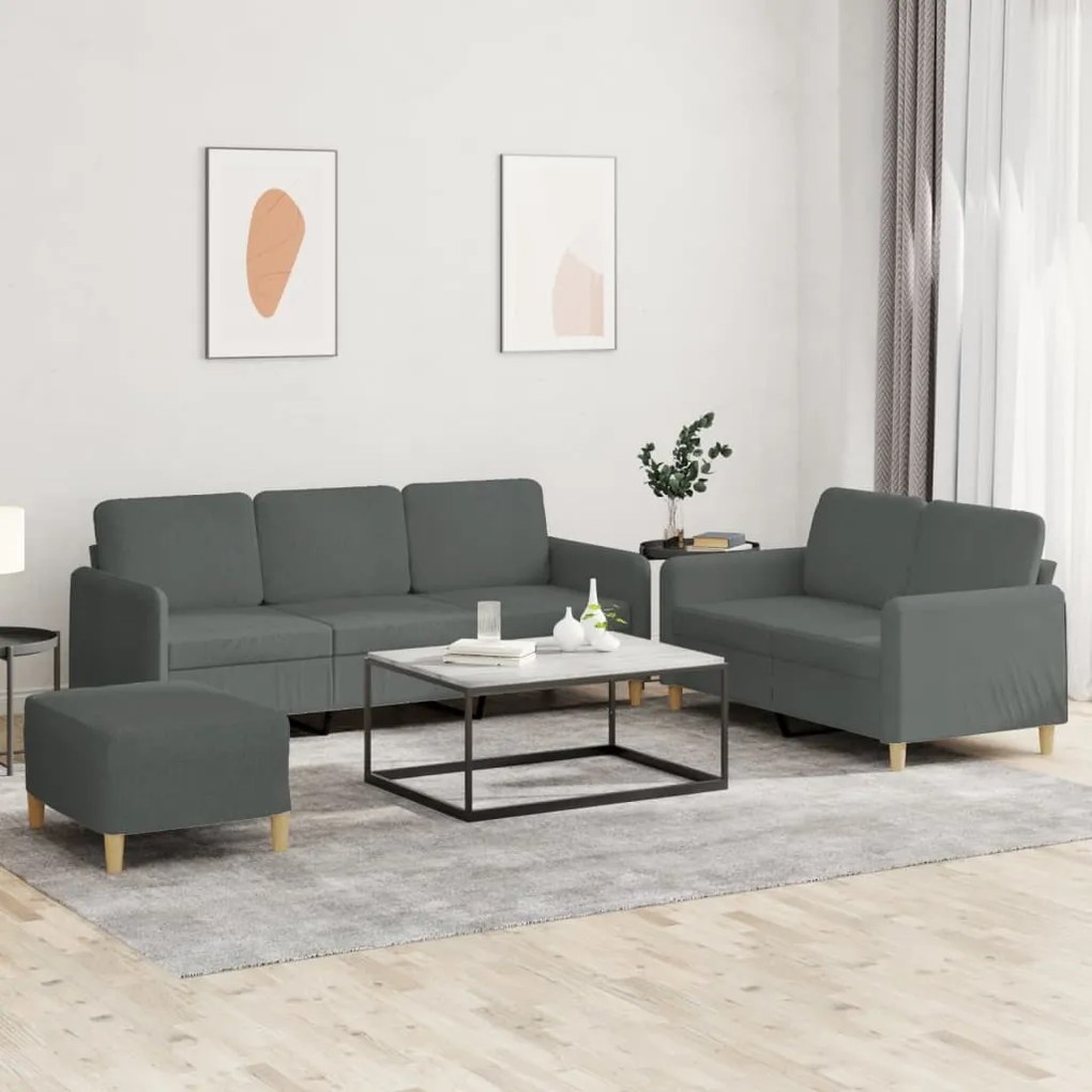 3 pcs conjunto de sofás com almofadões tecido cinzento-escuro