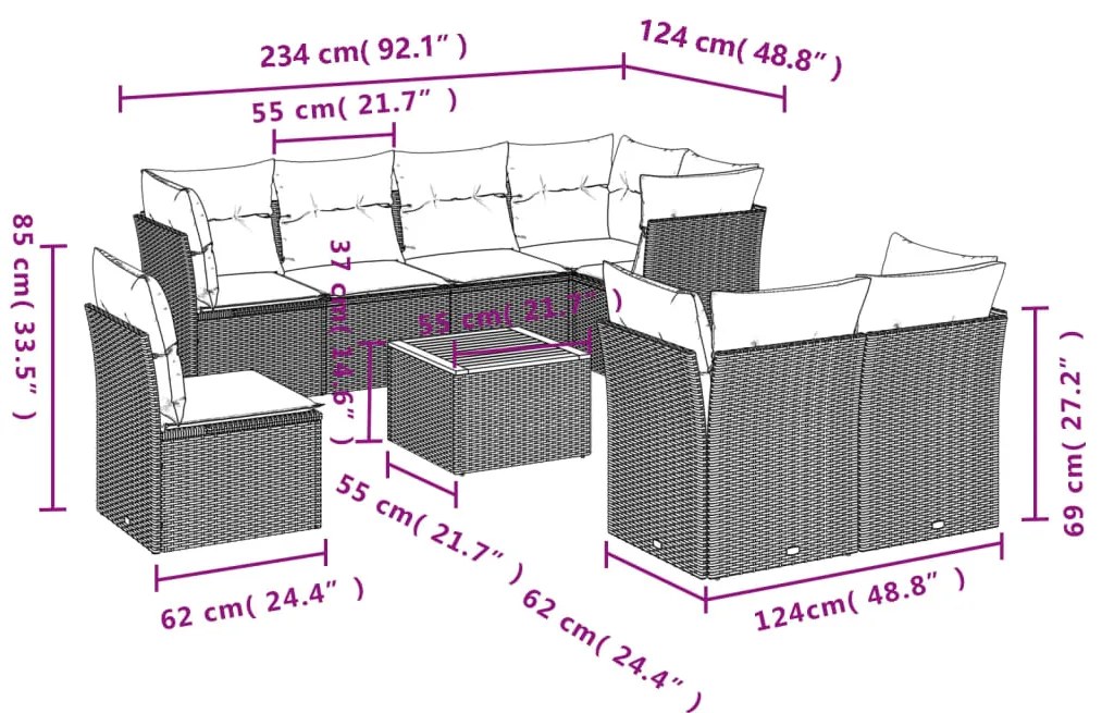 9 pcs conjunto de sofás p/ jardim c/ almofadões vime PE preto
