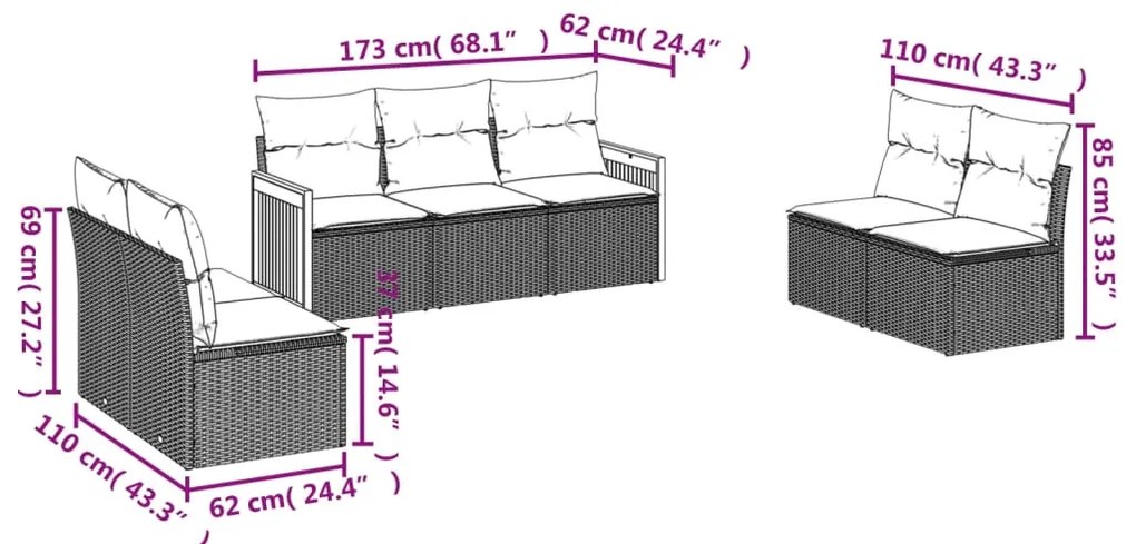 7 pcs conjunto de sofás p/ jardim com almofadões vime PE bege