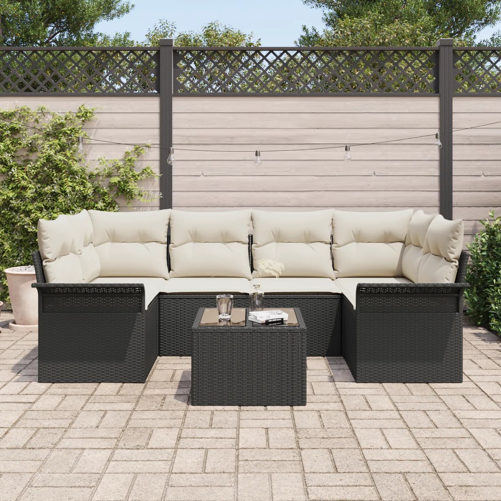 Conjunto de Sofás de Jardim de 7 peças com Almofadas Preto Rattan Poli
