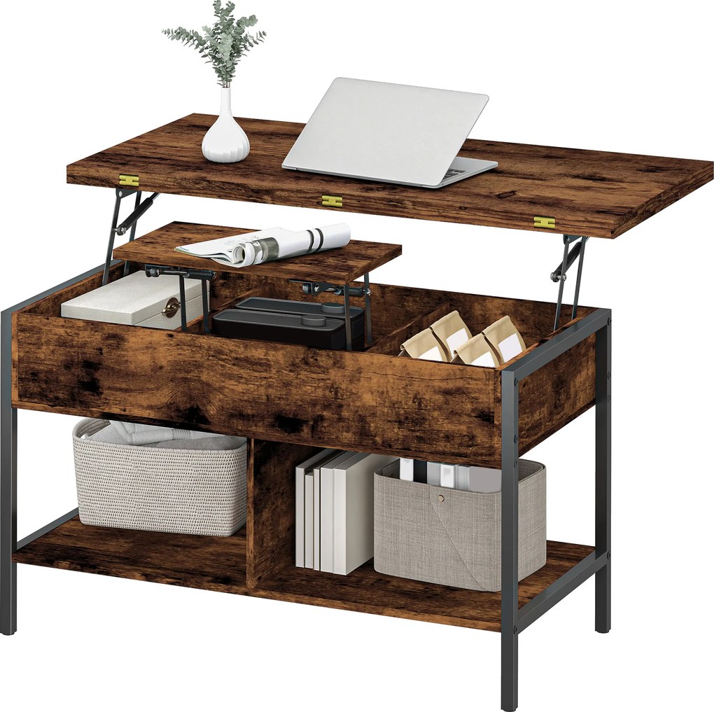 Mesa de centro elevável e extensível, com compartimento oculto e prateleiras abertas, 98 x 49 x 55 cm, castanho rústico
