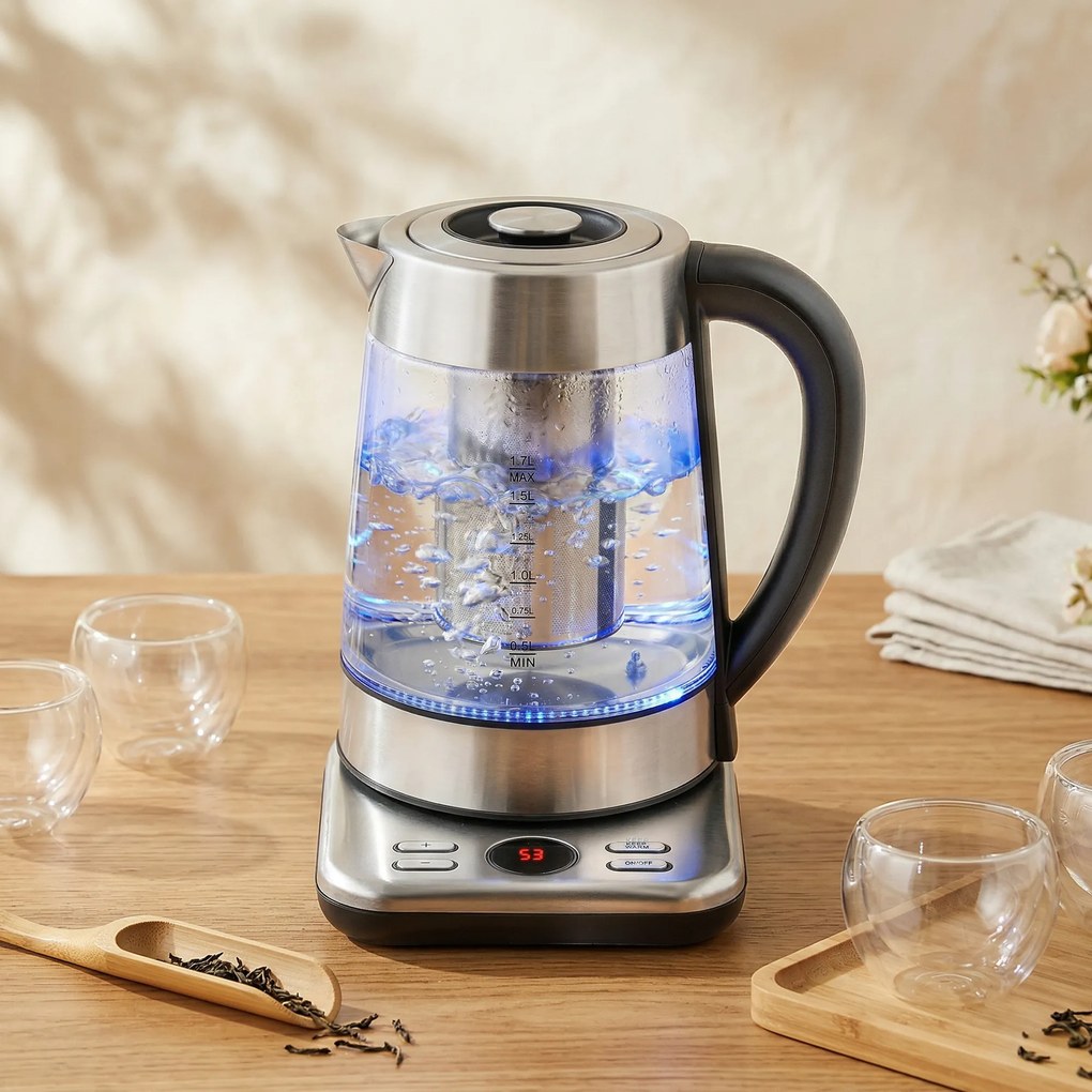 Chaleira elétrica, 1,7 L, aquecimento rápido de 2200 W com termostato Strix, infusor de chá, função de manutenção do calor