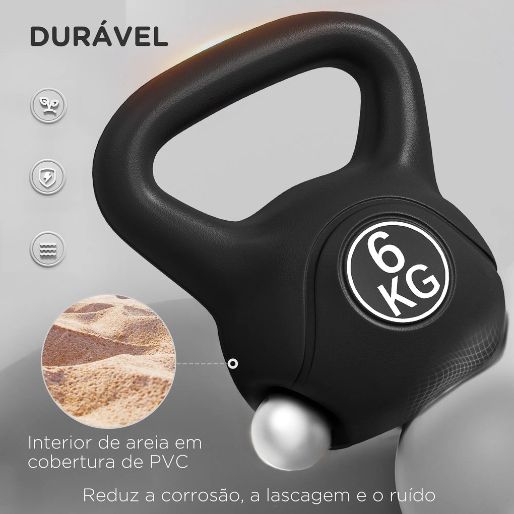 Peso Russo de 6 kg Kettlebell Fitness Preenchido de Areia com Punho Largo Antiderrapante 20x13x22 cm Preto