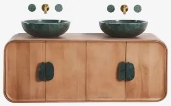 Conjunto De Móvel De Casa De Banho Dupla Suspensa 130x45 Cm Em Madeira De Manga E Pedra Natural Kivalina Sem Espelho & Mármore Verde Udaipur - Madeira