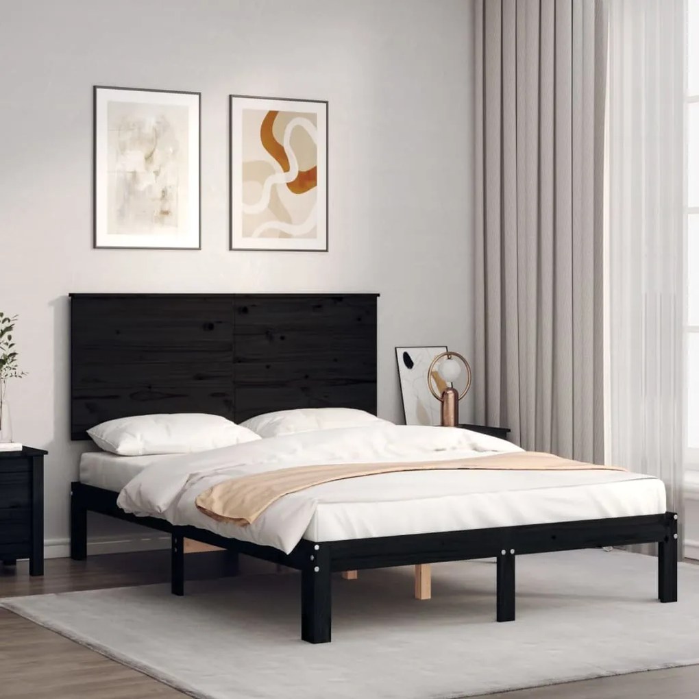 Estrutura de cama de casal c/ cabeceira madeira maciça preto