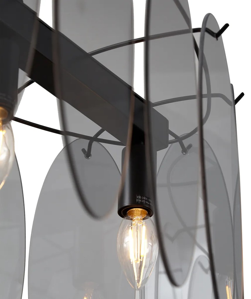 Candeeiro suspenso de design preto com vidro fumado oval 5-luzes - Mochan