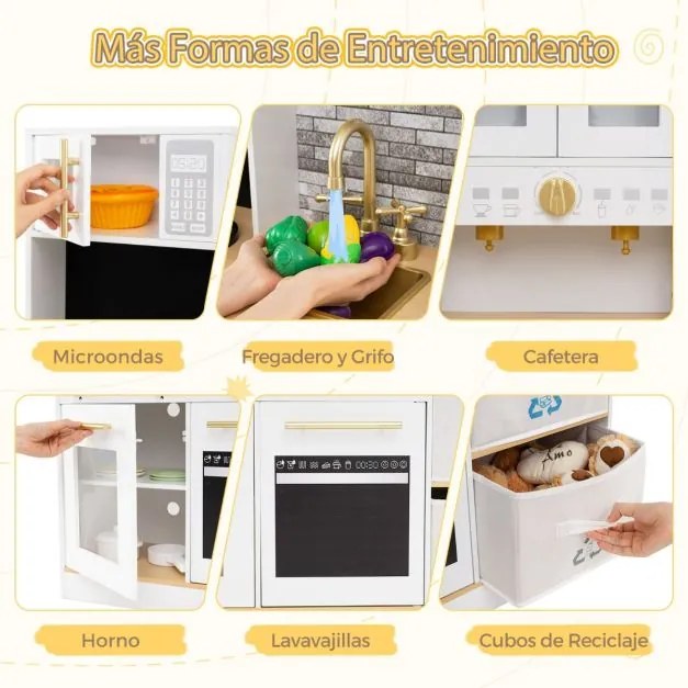 Cozinha de Brincar madeira com fogão com luz e som Cafeteira Torneira e utensílios de cozinha