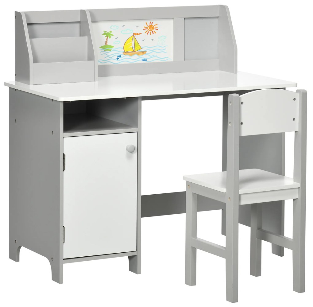 HOMCOM Conjunto Mesa Cadeira Infantil Madeira Quadro Branco Mesa Estudo Crianças Acima 5 Anos 90x45x85cm Design Moderno Cinza | Aosom Portugal