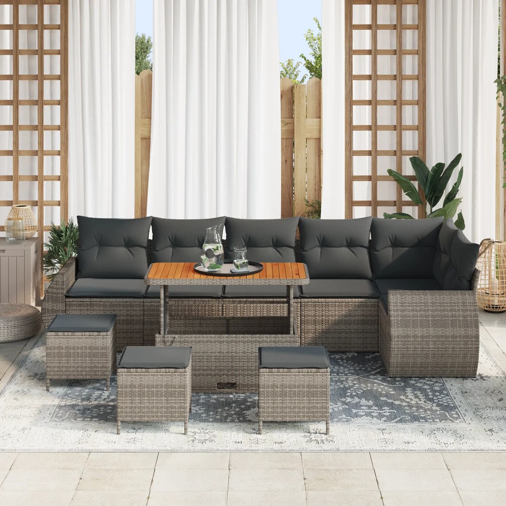 Conjunto de Sofá de Jardim com 10 Peças e Almofadas Cinza Vime Poly Ac
