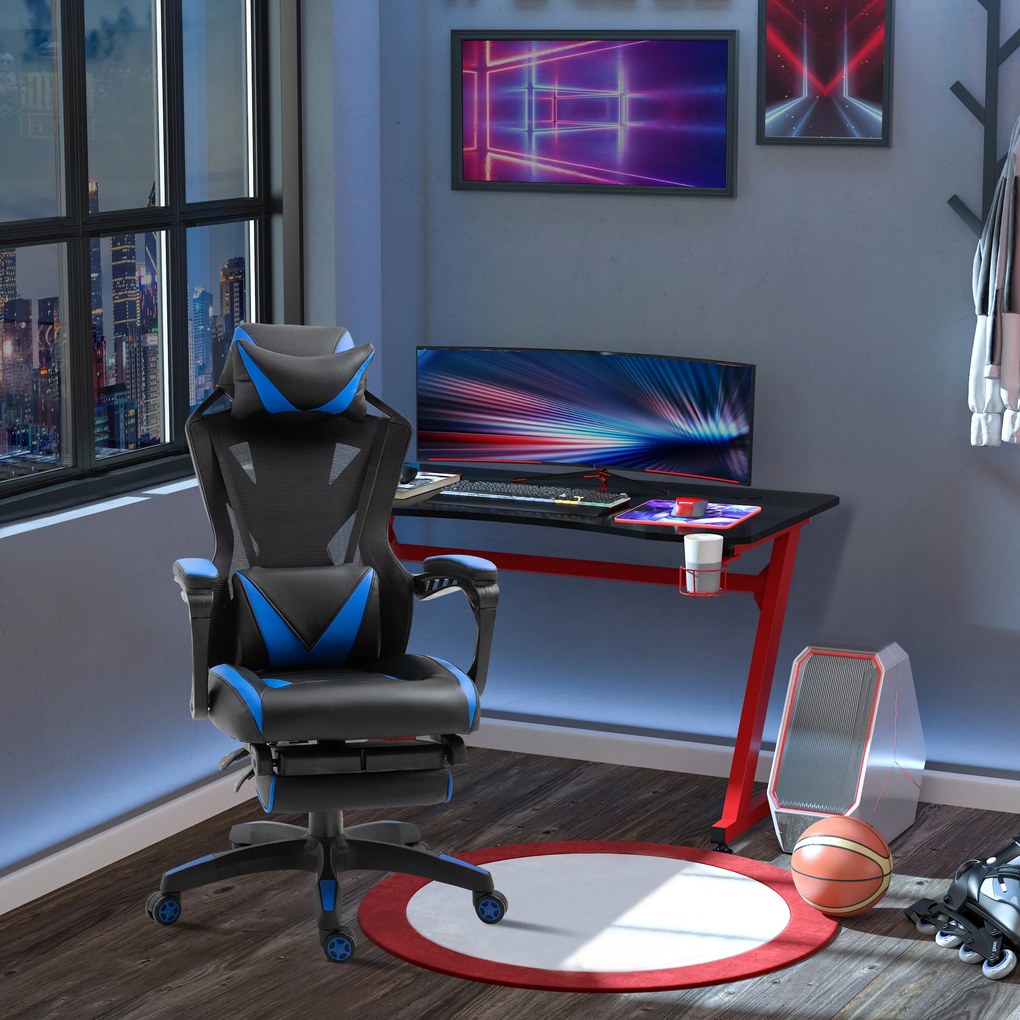 Cadeira Gaming Ergonómica Cadeira Gaming para Escritório com Altura Ajustável Encosto Regulável Almofada Lombar Apoio para os Pés Retráteis 65x70x117-