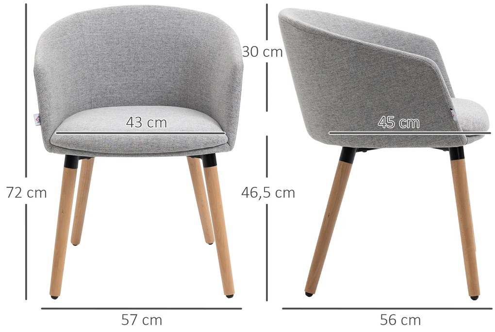 HOMCOM Cadeira de Sala de Jantar Cadeira Estofada em Linho Sintético com Apoio para os Braços e Pés de Madeira para Escritório Dormitório Carga 120kg 57x56x72cm Cinza